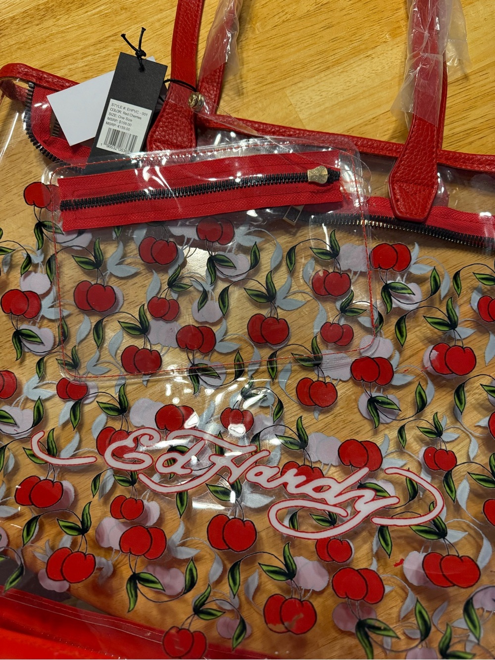 NWT Ed Hardy Clear Tote with Red Cherry Print